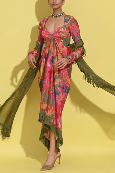 Olive tropical print dress with dupatta