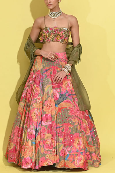 Olive tropical print embroidered crepe lehenga set