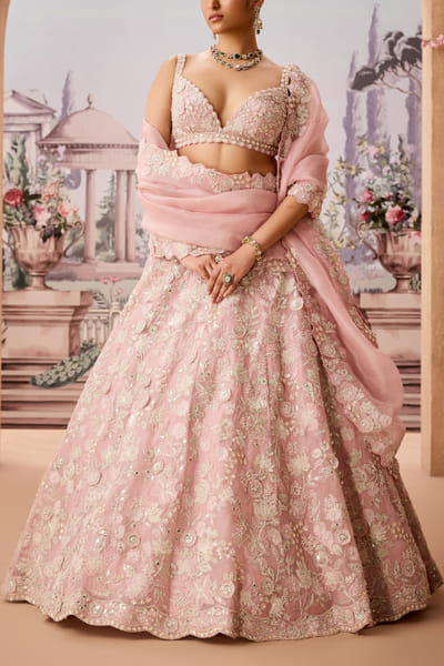 Onion pink 3D floral embroidered lehenga set