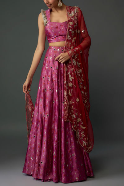 Onion pink bandhani mirror banarasi lehenga set