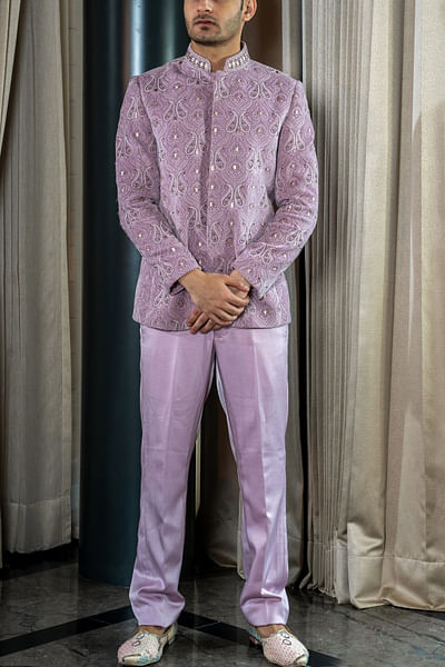 Onion pink velvet embroidered jodhpuri set