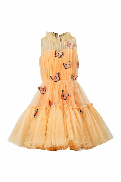 Orange 3D butterfly ruffle tiered dress