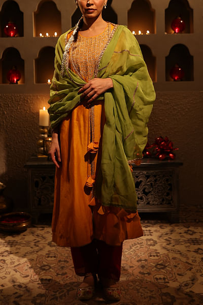 Orange aari embroidered layered kurta set