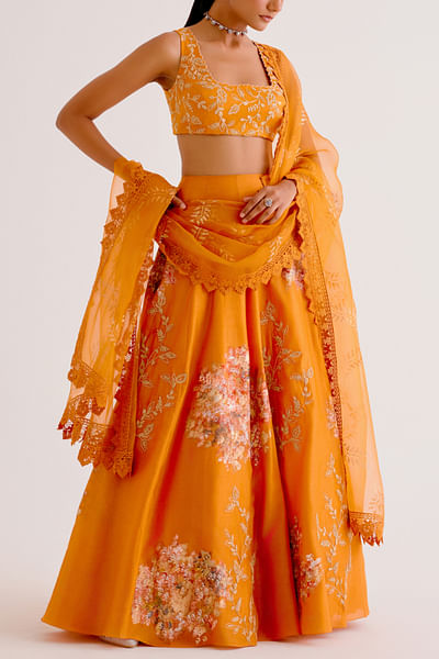 Orange abstract floral hand paint lehenga set