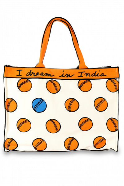 Orange and blue cricket ball printed tote bag