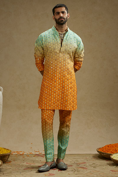 Orange and blue ombre motif printed kurta set
