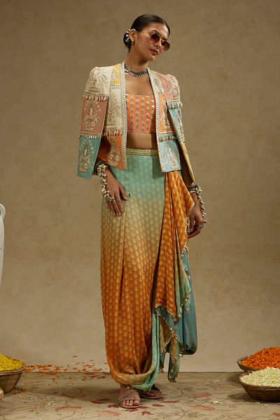 Orange and blue ombre printed draped skirt set