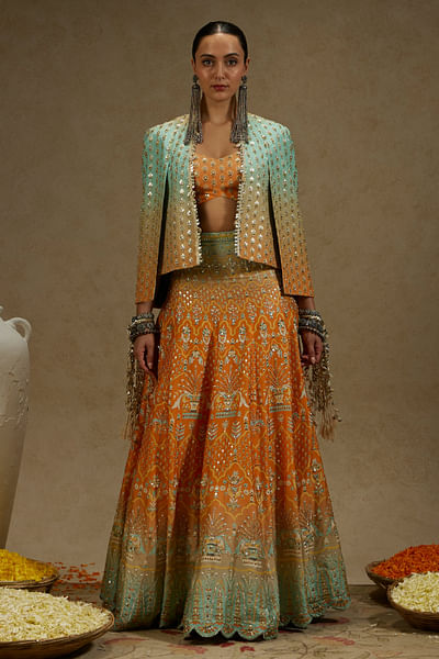 Orange and blue ombre shaded lehenga set