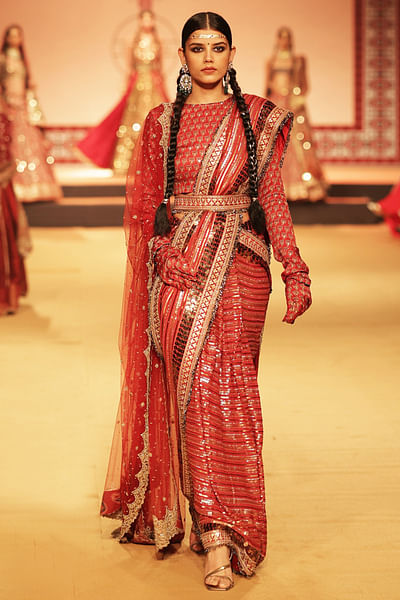 Orange and gold sequin embroidered sari set