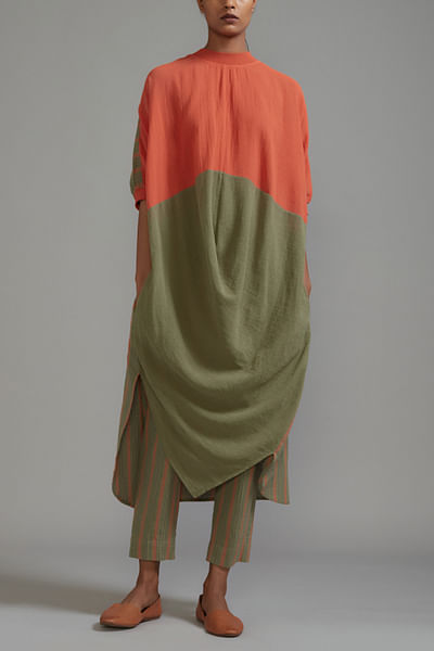 Orange and green colour block draped tunic set