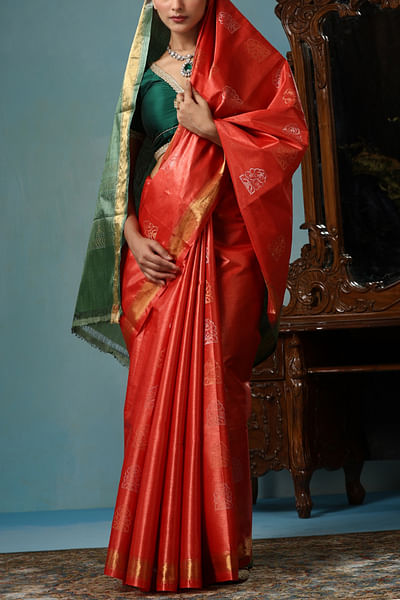 Orange and green handwoven sari set