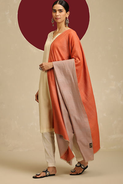 Orange and natural reversible pashmina shawl