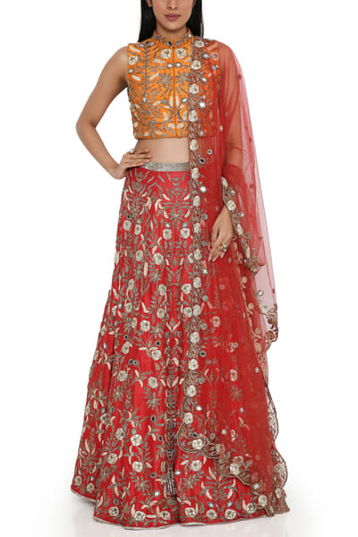 Orange and red floral embroidered lehenga set