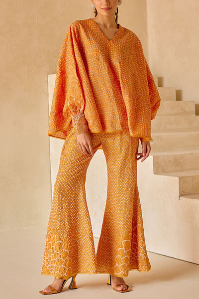 Orange bandhani tie-dyed flared pants