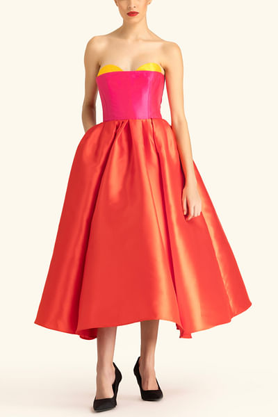 Orange colour blocked midi dress