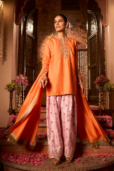 Orange dabka embroidered kurta set