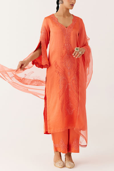 Orange dori embroidered printed kurta set
