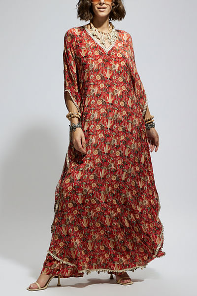 Orange embellished kaftan set
