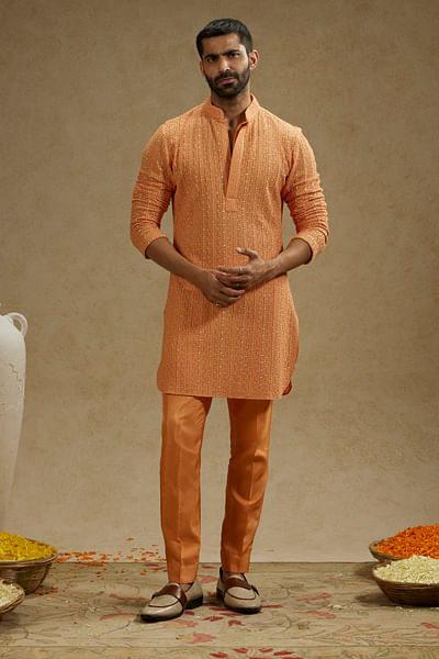 Orange embellished Lucknowi kurta