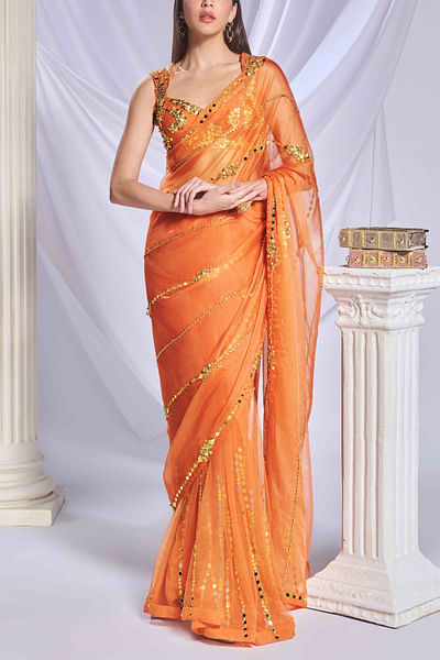 Orange embellished sari set