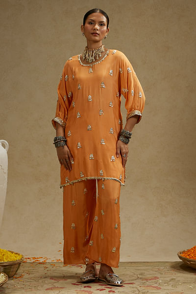 Orange embellished tunic set