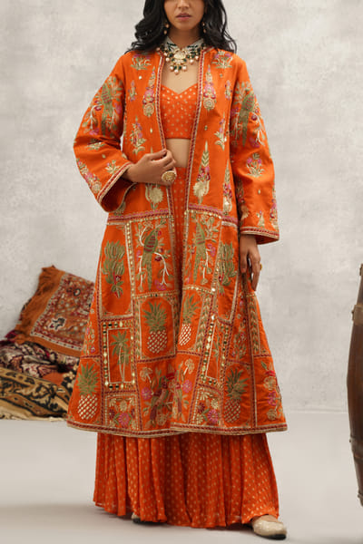 Kapda Dori Orange embroidered jacket banarasi sharara set KADSEP2404