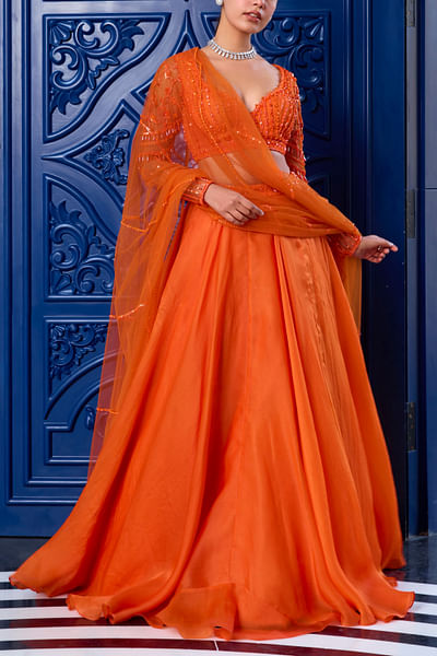 Orange embroidered lehenga set