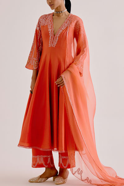 Orange floral dori embroidered anarkali set