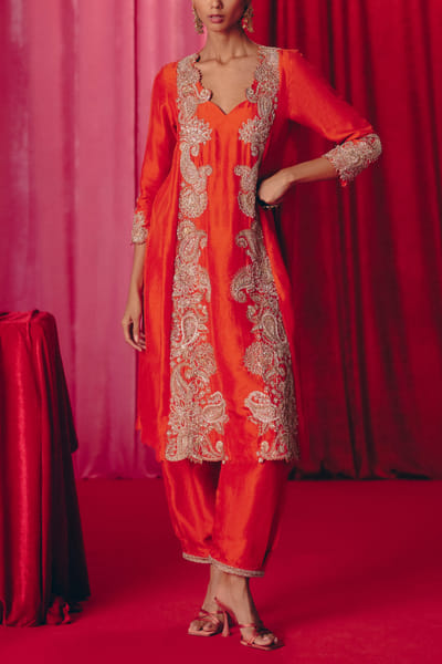 Orange floral embroidered kurta set