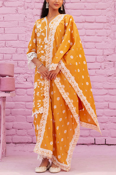 Orange floral embroidered kurta set