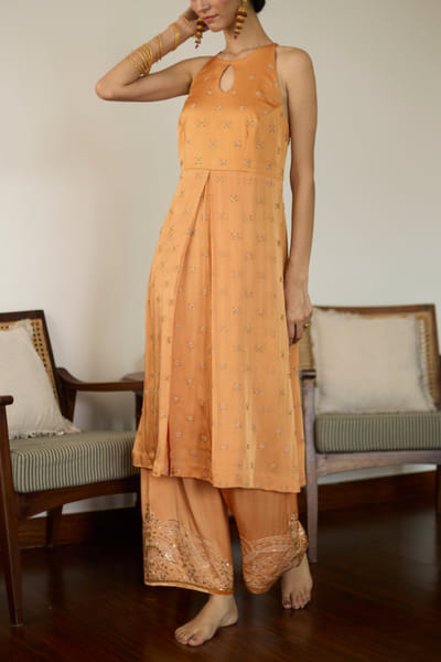 Orange floral embroidered kurta set