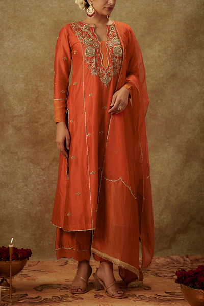 Orange floral embroidered kurta sets