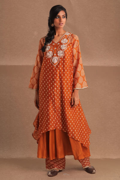 Orange floral embroidered printed kurta set