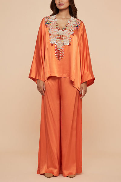 Orange floral embroidered short kaftan set