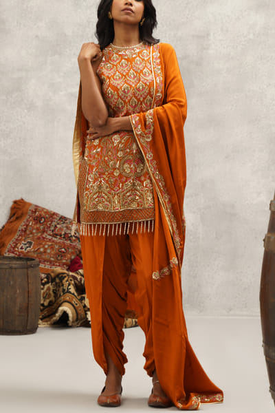 Orange floral embroidered tasselled kurta set