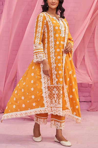 Orange floral motif embroidered kurta set
