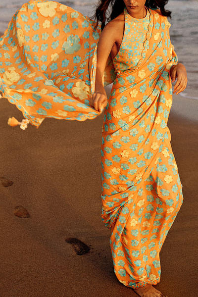 Orange floral print and appliqued sari set