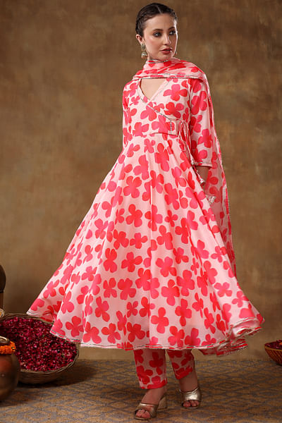 Orange floral printed angrakha anarkali set