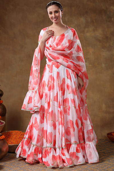 Orange floral printed frilled lehenga set