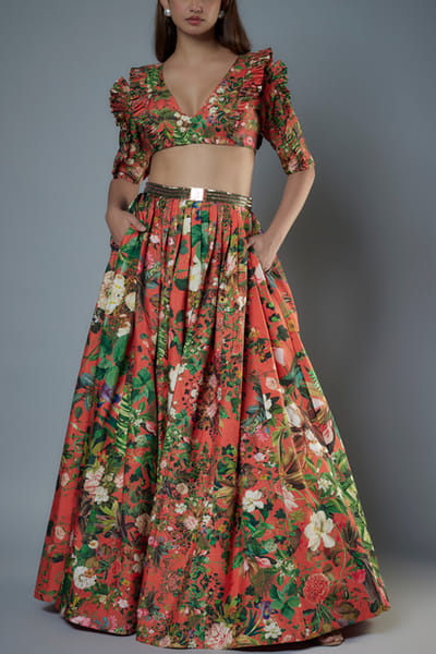 Orange floral printed lehenga set
