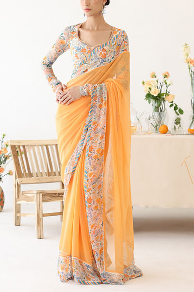 Orange floral printed sari set