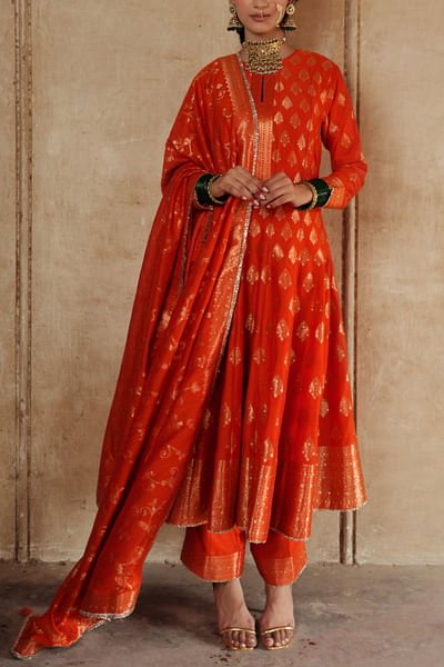 Orange floral woven anarkali set