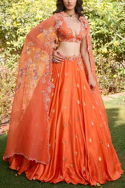 Orange floral woven embroidered lehenga set