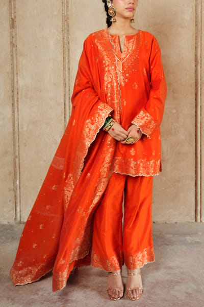 Orange floral woven kurta set