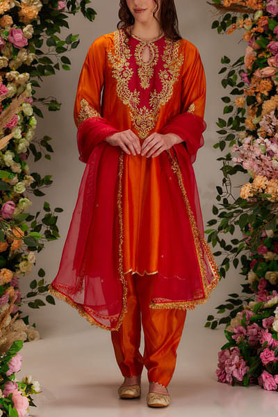 Orange gota and sequin embellished kurta set