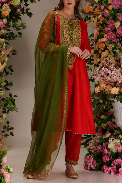 Orange gota embellished long kalidar kurta set