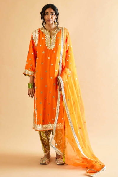 Orange gota embroidered kurta set