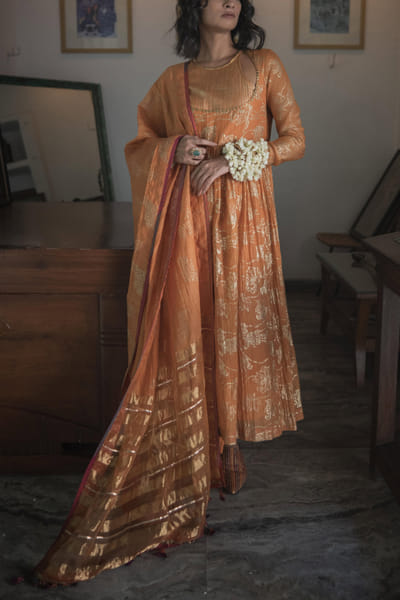 Orange handblock foil printed kurta