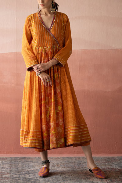 Orange handblock printed anarkali