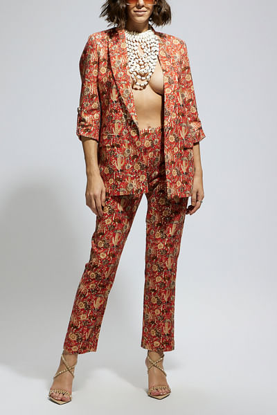 Orange jaal embellished blazer set